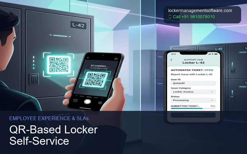 Mobile QR code scan on locker door for instant self service reporting illustration