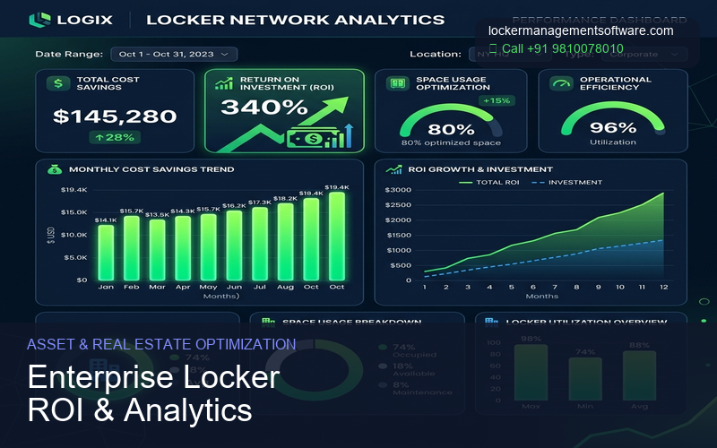 Locker system cost savings and asset optimization dashboards financial charts representation